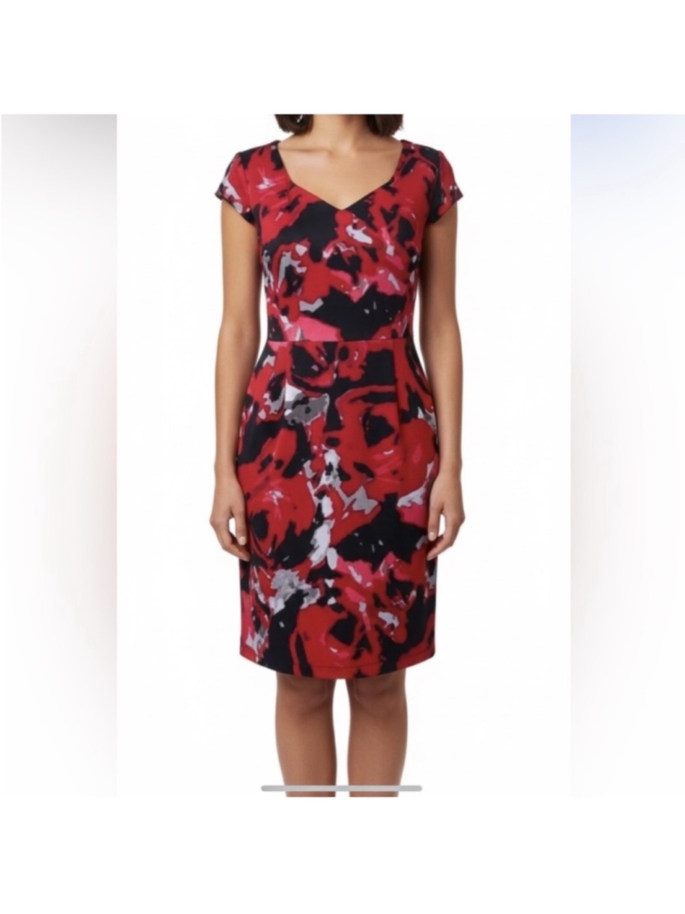 Anne Klein Red Abstract-Print V-Neck Sheath Dress
